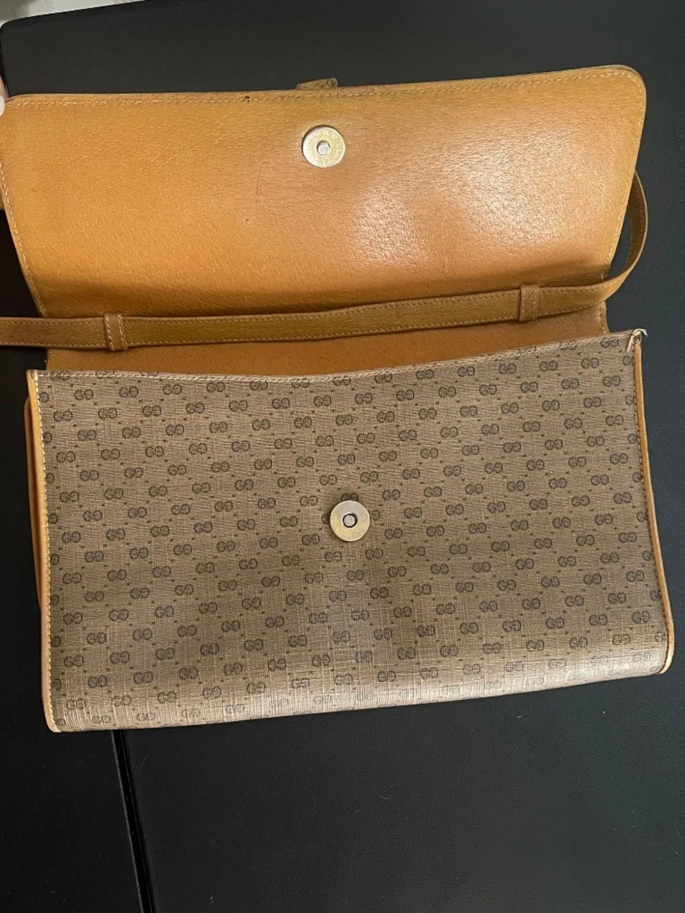 Vintage 1980s Gucci GG Monogram Canvas Crossbody Bag Tan Leather Trim Authentic - Picture 8 of 16